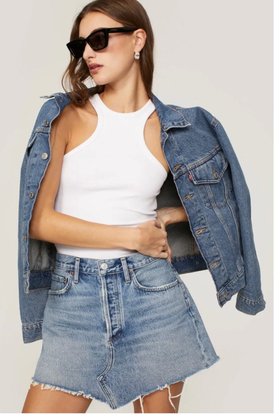 AGOLDE NWT Parker Angled Hem Denim Jean Skirt in Entrance // 32